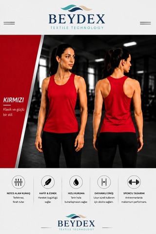 Beydex Bisiklet Yaka Sıfır Kollu Standart Kalıp Kadın Spor Atlet Kırmızı