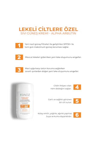 Sinoz Koyu Cilt Lekelerine Etkili Sıvı Yüz Güneş Kremi Hibrit Formül PA++++ SPF50+ 50 ML