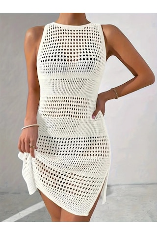 Kadın Askılı Derin Sırt Dekolteli Ajurlu Triko Pareo Beyaz