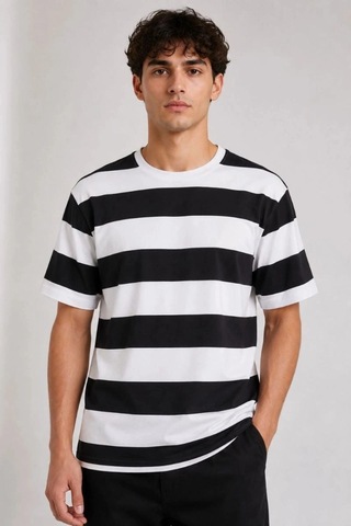 Freedom Storee Erkek Çizgili Oversize Tişört Bisiklet Yaka Kısa Kol Yazlık T-shirt - Siyah Çok Renkli