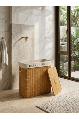 Mucit Home İki Bölmeli Bambu Naturel Çamaşır Sepeti - Mega Katlanabilir Çamaşır Sepeti Renkli