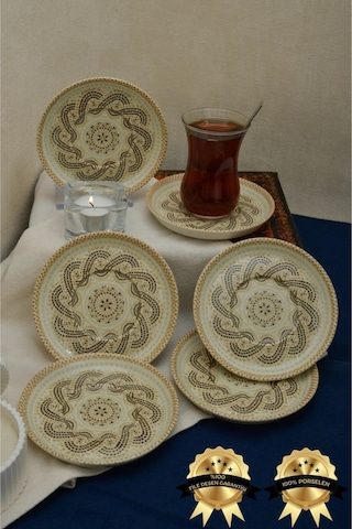 Efes 6 Adet 12cm Porselen Çay Tabağı Kırık Beyaz Çok Renkli