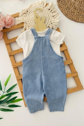 Miniğimin Cicileri Çiçek İşleme Desenli Kız Bebek Yazlık Salopet Takım Ekru
