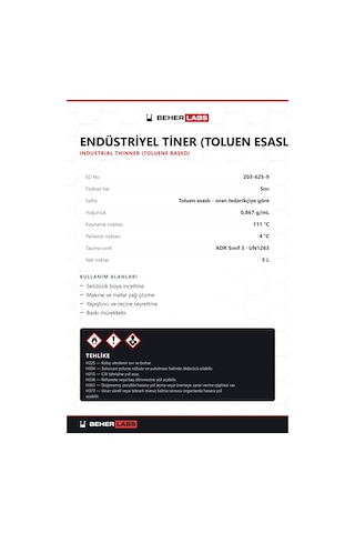 Beherlabs Endüstriyel Tiner Toluen Esaslı 5 L