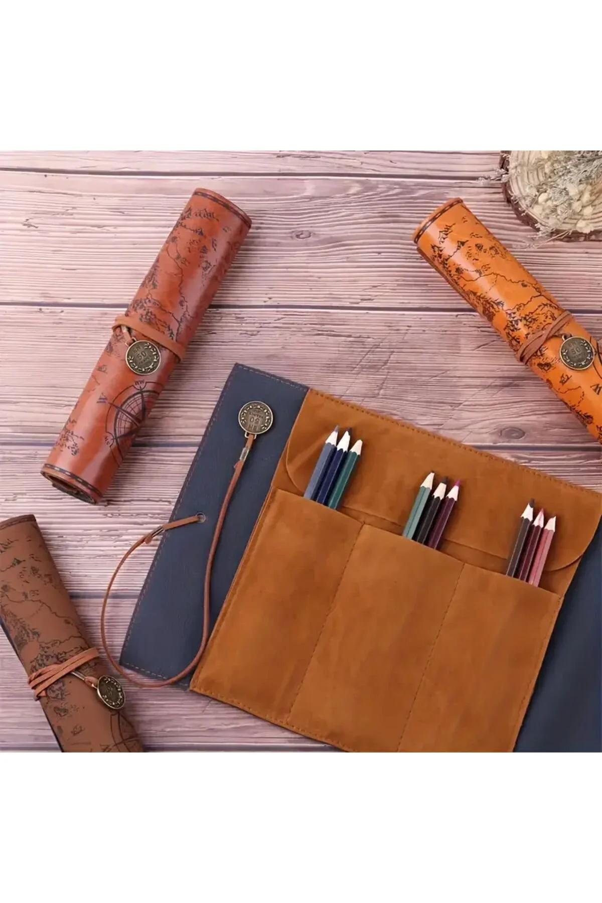 Yaratıcı Hazine Haritası Retro Kalem Kutusu Deri Büyük Kapasiteli Rulo Kalem Çantası Mat Koyu Kahverengi