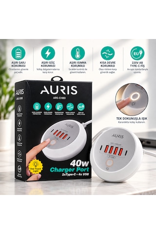Auris Ars-ch80 40w 2x Type-c + 4x Usb Çoklu Şarj Istasyonu One Touch Işıklı Hızlı Şarj Adaptörü