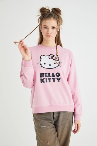 Hello Kitty Lisanslı Baskılı Oversize Fit Pembe Sweatshirt Renkli