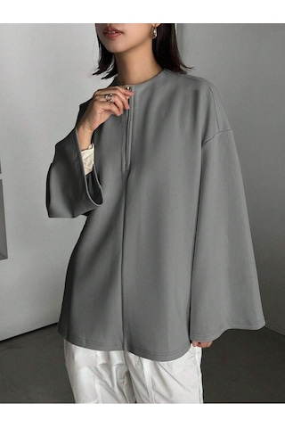 Know Kadın Füme İspanyol Kol Bol Kalıp Fermuarlı Modest Bluz Füme