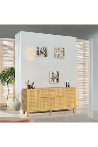 Helena Konsol Atlantik Çam 4 Kapaklı 1 Çekmeceli Ahşap Detaylı 160x80x44 Cm