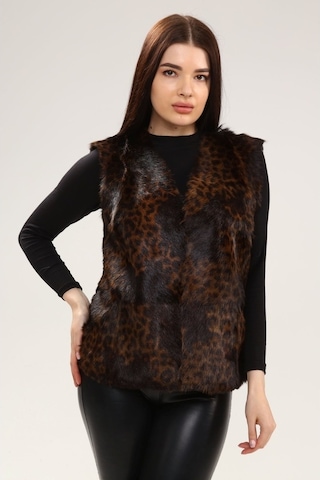 Leatinn Leopar Desenli Kadın Deri Yelek Çok Renkli