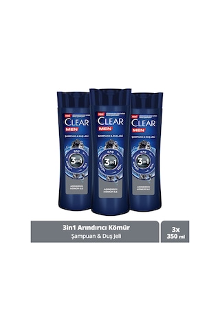 Clear Men Arındırıcı Kömür 3'ü 1 Arada Şampuan ve Duş Jeli 3 x 350 ML