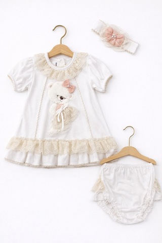 Kardeşler Bebe Dantelli Ayıcıklı Kız Bebek Elbise Takım Saç Bantlı 3 Lü Set Bej