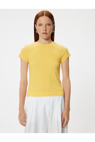 Koton Basic Fitilli Tişört Kısa Kollu Bisiklet Yaka Slim Fit Sarı 4sak50738ek Sarı