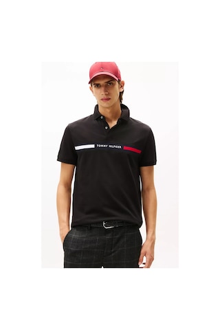 Tommy Hilfiger Erkek Regular Fit Göğsü Şeritli Ve Yazı Nakışlı Polo Yaka T-shirt - Siyah Triple Black