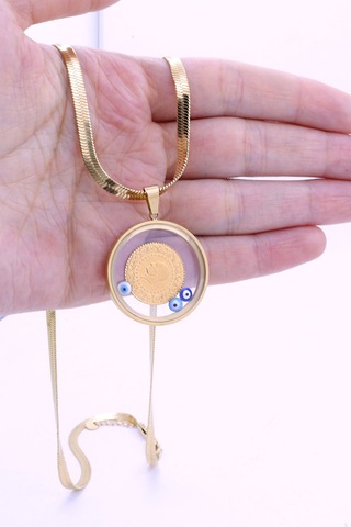 22 Ayar Çeyrek Altınlı Şeffaf Çerçeveli Çelik Kolye