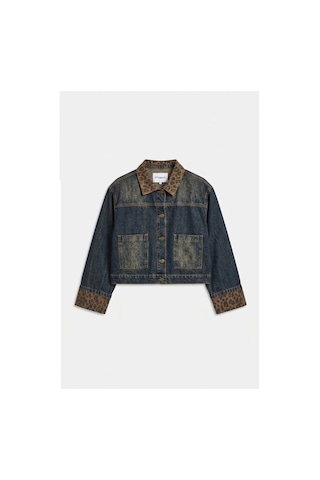 Kadın T.kot Rengi 2w6-8 Oversize Kemer Boy Leopar Detaylı Tasarım Denim Ceket