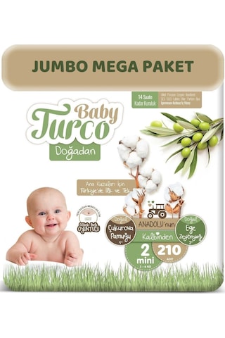 Baby Turco Bebek Bezi Doğadan Beden:2 3-6kg Mini 210 Adet Jumbo 2 Numara
