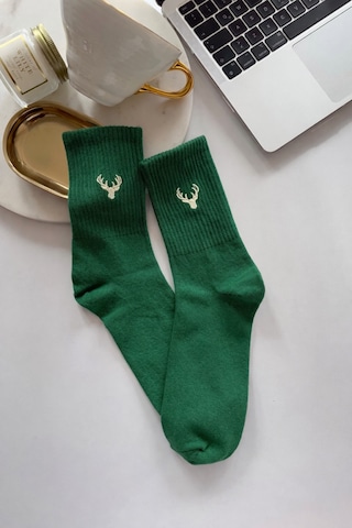 Geyik Nakışlı Kutulu Renkli Yazlık Kışlık Pamuklu Unisex Tekli Soket Çorap Yeşil