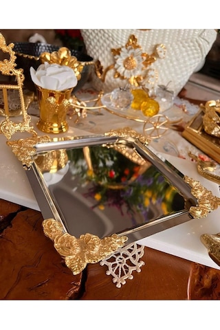 Atabey Home Collection 6'lı Kahve & Çay & Sunum Tepsisi Metal Döküm Gül Model