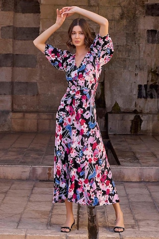 Monamise 23025 Kadın Fakir Kol Çiçekli Elbise-çiçekli Çok renkli