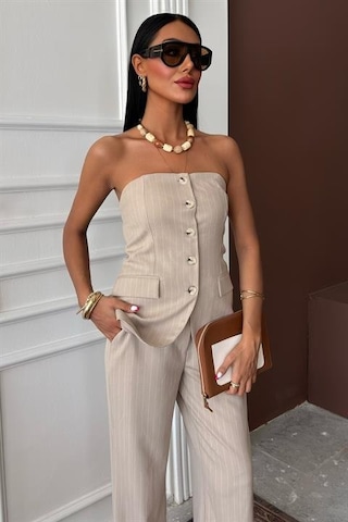 Straplez Büstiyerli Plazzo Pantolonlu Çizgili Takım 10151 Bej