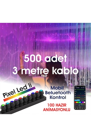 Fiber Optik Şelale, Işık Perdesi, Yağmur Dekor, 500 Adet 3mt 0.75mm Kablo + Animasyonlu Işık Kaynağı Çok Renkli