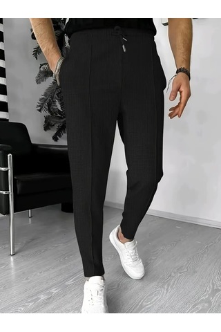 Erkek Yüksek Bel Önden Bağcıklı Cepli Waffle Pantolon Siyah