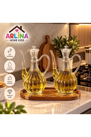 2'li 750 Ml Çizgili İbrik Model Cam Yağlık Seti-akasya Standlı