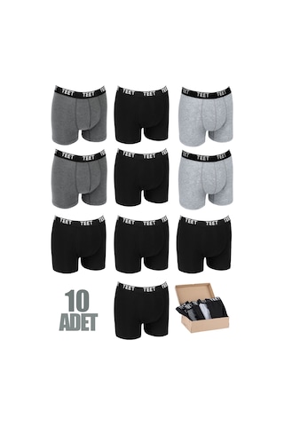Teet Premium Erkek Boxer10'Lu Set Pamuklu Düz Renk Tam Kalıp Siyah Gri 001