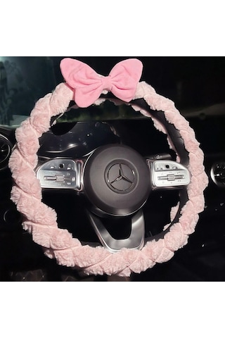 Pembe Peluş Direksiyon Kılıfı Kadınlara Özel Tüylü Direksiyon Kılıfı