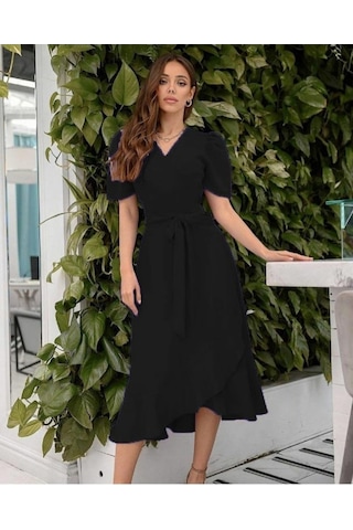 Kadın Kruvaze Yaka Midi Boy Kuşaklı Krep Elbise 120 Cm Bediva 001