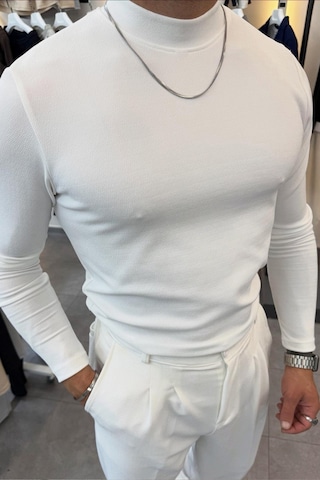 Yarım Balıkçı Pamuk Örme Likralı Esnek Rahat Kumaş Pileli Pantolonlu Takım Beyaz