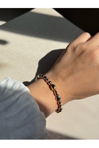 Çift Renk Taş Formlu Kadın Çelik Bileklik Altın & Gümüş Detaylı Altın