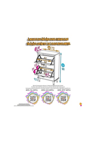 Modilayn Umay Antre Hol 72x 90x 26 Cm Lik 2 Düşer Kapak 4 Göz Bölmeli Ayakkabılık Antrasit - Beyaz