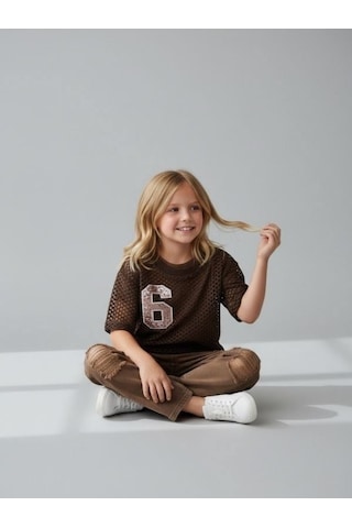 Zekids Kız Çocuk File Detaylı İç Bodyli İkili Bluz-17198 Kahverengi