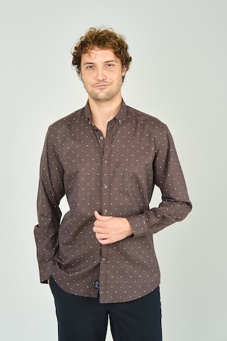 De Leone Erkek Slim Fit Desenli Uzun Kollu %100 Pamuk Gömlek 2045 Kahverengi Kahverengi