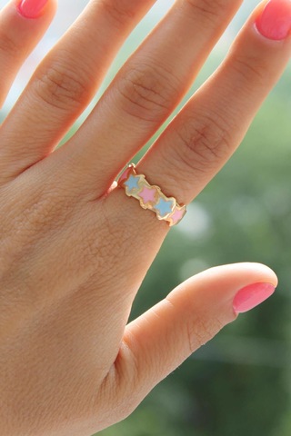 Niki Aksesuar Pembe-mavi Sıralı Yıldız Mineli Gold Yüzük - Ayarlamalı Pembe