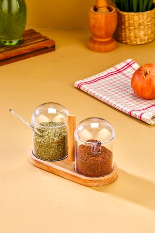 Kaşıklı Şeffaf Kapaklı Ahşap Standlı 2'li Kavanoz Baharat Seti ŞEffaf