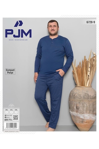 Pijamoni Erkek Battal Düğme Yaka Penye Uzun Kol Pijama Takımı 6720/9 - 1 Adet Mavi