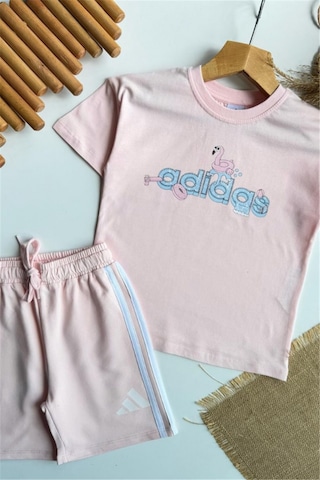 Noble Kids Kız Çocuk Yazlık Logo Baskılı Tişört Ve Şort Takım Pembe