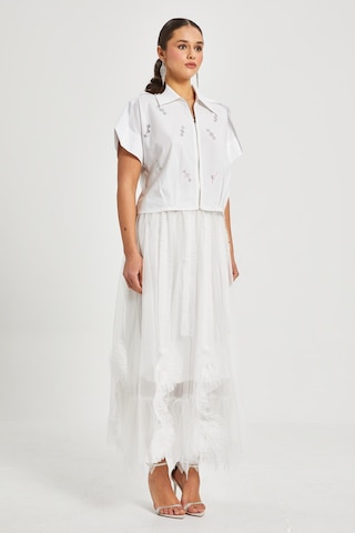 Kadın Tül Detaylı Uzun Etek Astarı Elastan Karışımlı, Özel Tasarım Beyaz