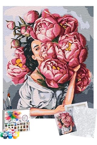 Sayılarla Boyama Seti 40 x 50 CM Tuval Şasesine Gerili Çiçekli Kadın