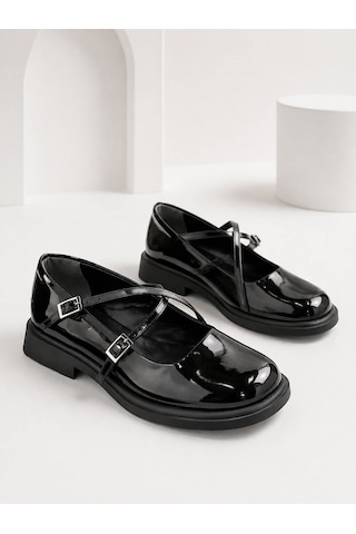 Dabab Shoes Marsel Kadın Siyah Rugan Çapraz Bantlı Tokalı 2 Cm Kalın Taban Mary Jane Ayakkabı