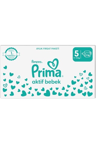 Prima Aktif Bebek 5 Beden Junior Bebek Bezi Aylık Fırsat Paketi 116 Adet