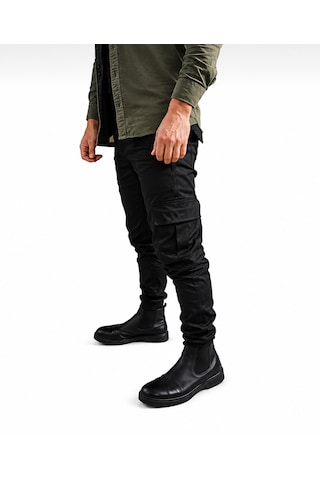 Mrmakas Erkek Kargo Pantolon Likralı Slim Fit Siyah Düz Paça