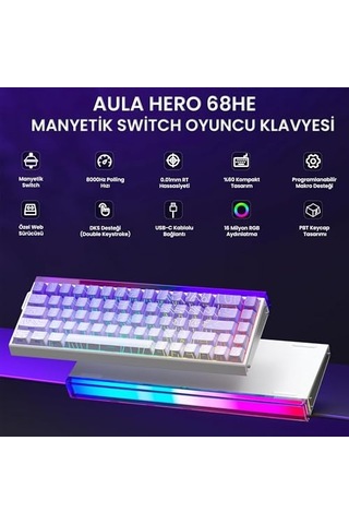 Hero 68 He Manyetik Klavye Trigger Dragon Switch 8000hz Rgb Neon Tkl Hot Swap Oyuncu Klavyesi Mor