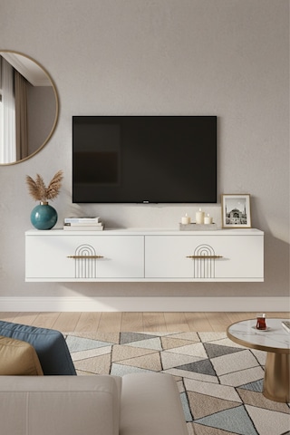 Da1215b - İda Dresuar, Antre Hol Rafı, Ayaksız Tv Sehpası, Beyaz 120cm