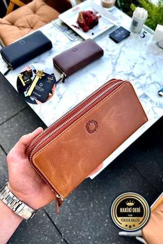 Tigan Unisex Antik Taba Çift Fermuarlı Hakiki Deri Telefon Cüzdanı El Çantası Taba
