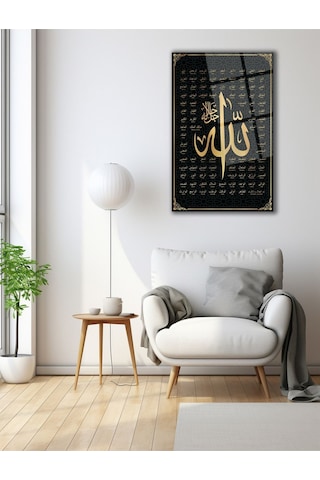 Allah'ın 99 İsmi Esmaül Hüsna Cam Tablo, Dini İslami Modern Ev Ofis Salon Duvar Dekoru, Hediyelik