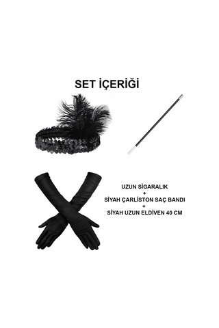 Ers 1920& 39 Ler Gatsby Aksesuar Seti Siyah Charleston Saç Bandı, Uzun Eldiven & Sigaralık 61354839